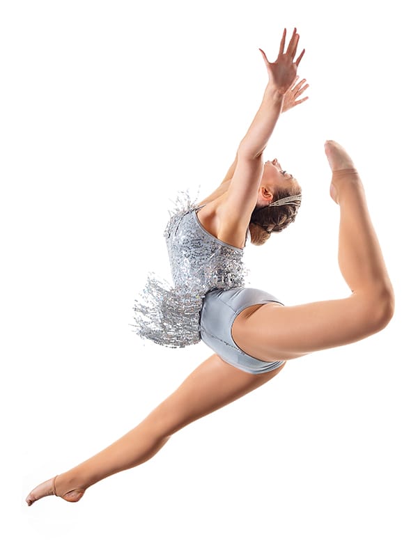 dancer in silver costume leaps - white background dancer photo shoot