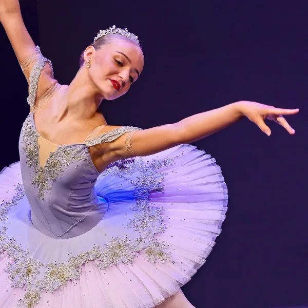 close cropped image of ballet dancer in lilac beaded tutu posing elegantly - dancer photo shoots
