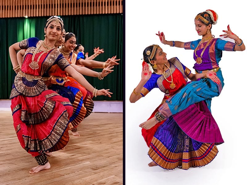 Ethnic dance show photography show both dancers in brightly coloured costumes performing and at a photo call