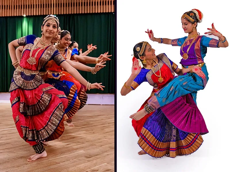 Ethnic dance show photography show both dancers in brightly coloured costumes performing and at a photo call