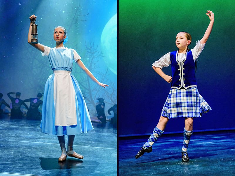 dance school photography - side by side photos show ballet and highland student dancers onstage