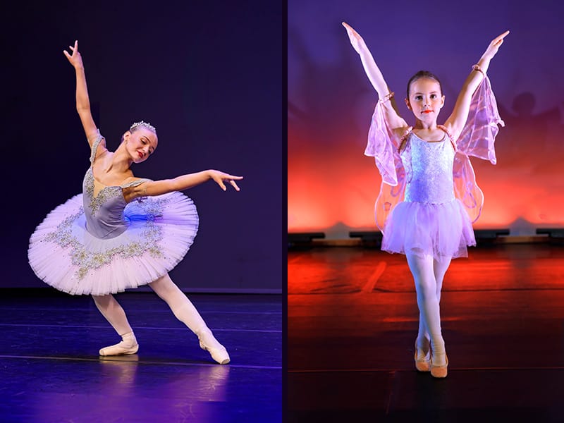 dance school photography - side by side photos show senior and junior student dancers onstage